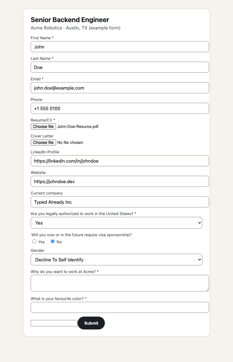 The same form after Jobfit filled the fields