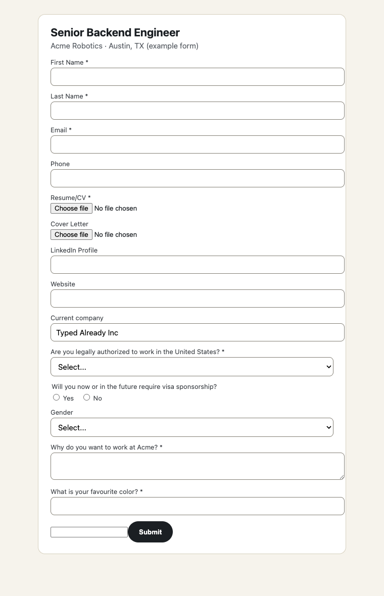 An empty job application form