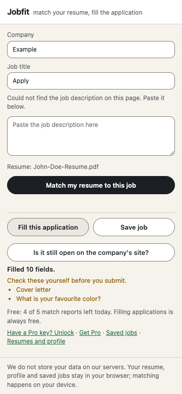 Jobfit popup after filling: Filled 10 fields, with the cover letter and an unusual question left for you