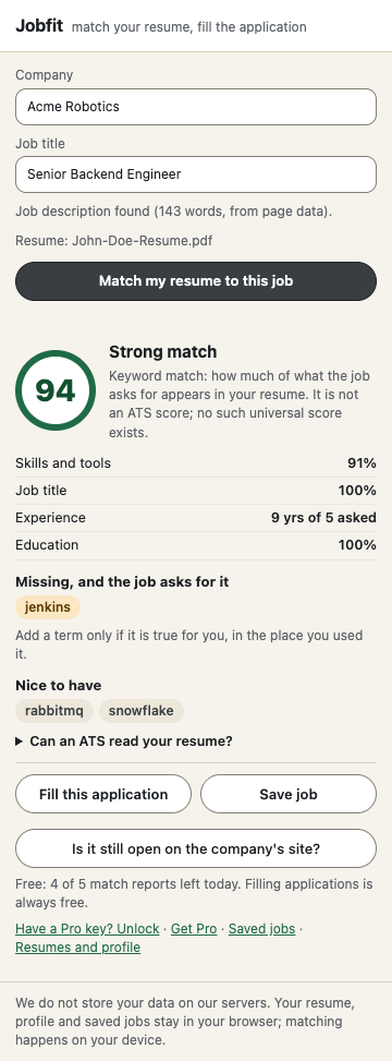 Jobfit popup showing a strong match score of 94, the skills breakdown, missing keywords and the nice-to-have list