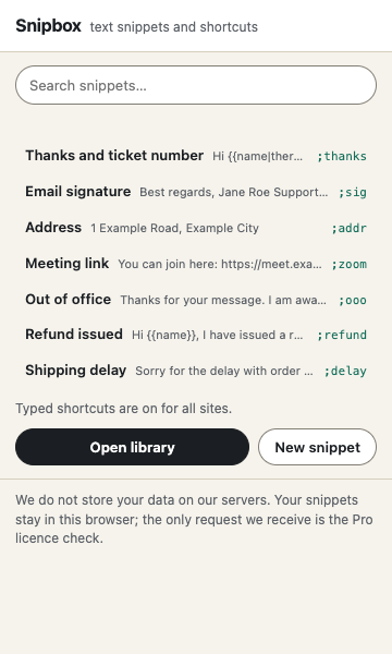 Snipbox popup