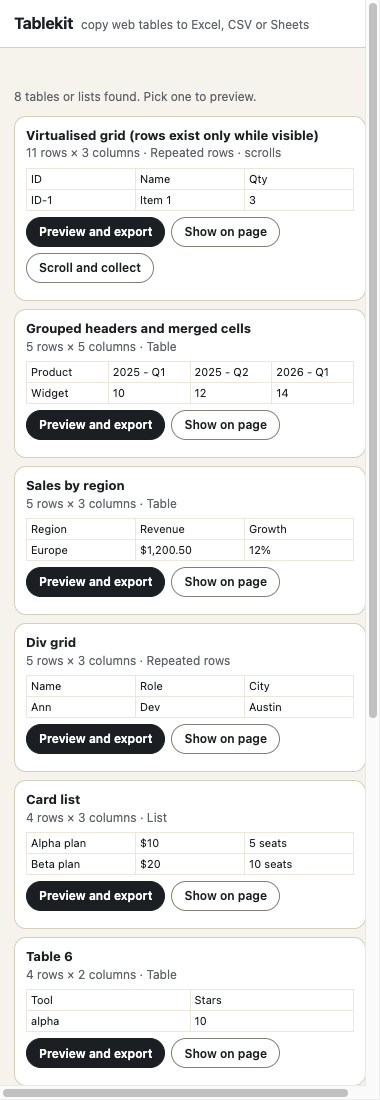 Tablekit popup listing eight tables found on a page, each with its size and a two-row preview